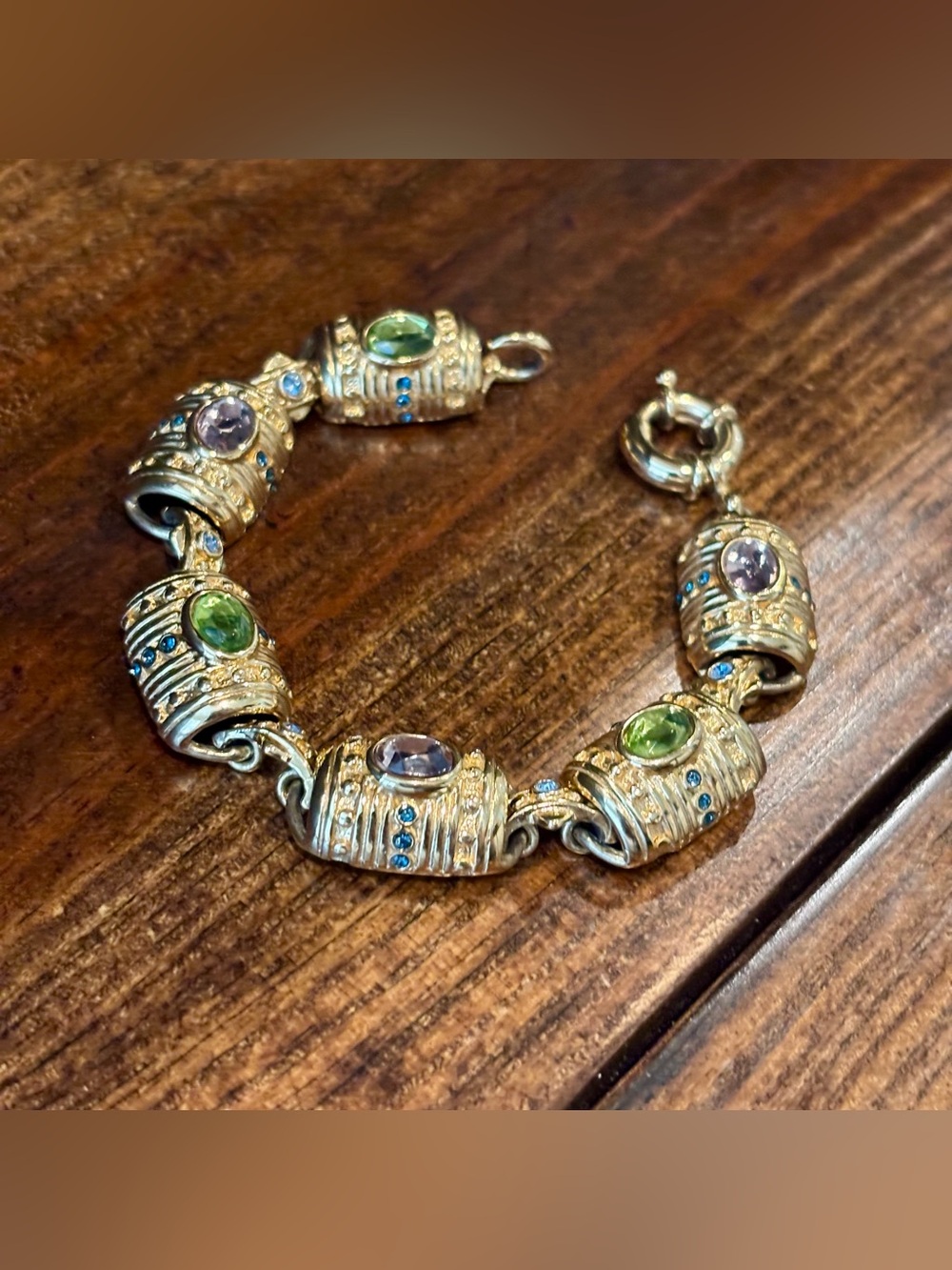 Vintage Premier Designs Gold Bracelet Barrel Links Green Pink Rhinestones - Picture 2 of 10